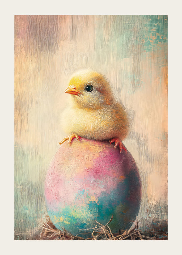 Olejomaľované kura na pastelovo sfarbenom vajci s jemným pozadím-12