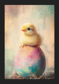 Olejomaľované kura na pastelovo sfarbenom vajci s jemným pozadím-5