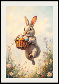 Illustrated rabbit with basket of Easter eggs in blooming spring meadow-2