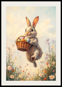 Kuvitettu kani pääsiäismunakorilla kukkivalla kevätniityllä-2