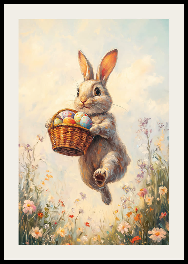 Kuvitettu kani pääsiäismunakorilla kukkivalla kevätniityllä-12