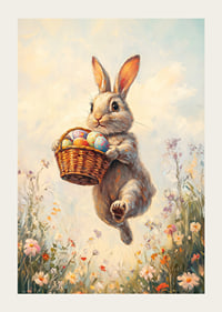Illustrated rabbit with basket of Easter eggs in blooming spring meadow-3