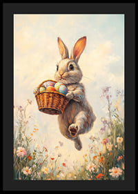 Illustrated rabbit with basket of Easter eggs in blooming spring meadow-4