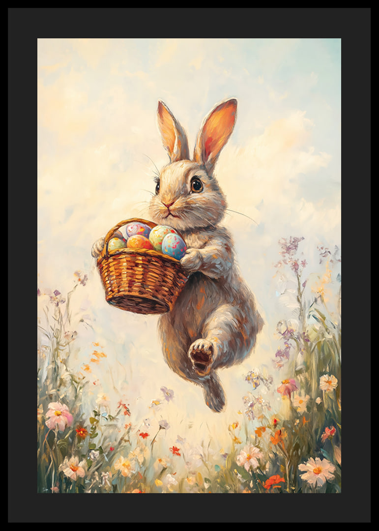 Illustrated rabbit with basket of Easter eggs in blooming spring meadow-12