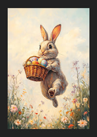 Illustrated rabbit with basket of Easter eggs in blooming spring meadow-5