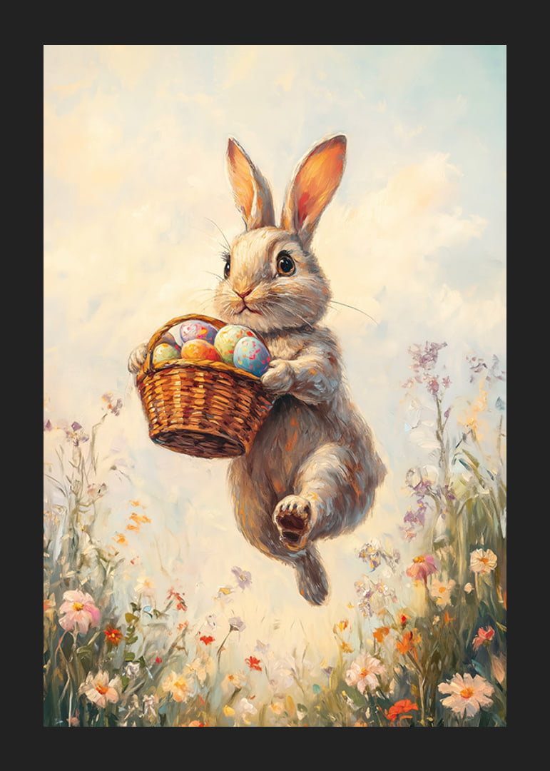 Illustrated rabbit with basket of Easter eggs in blooming spring meadow-12