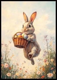 Illustrated rabbit with basket of Easter eggs in blooming spring meadow-6