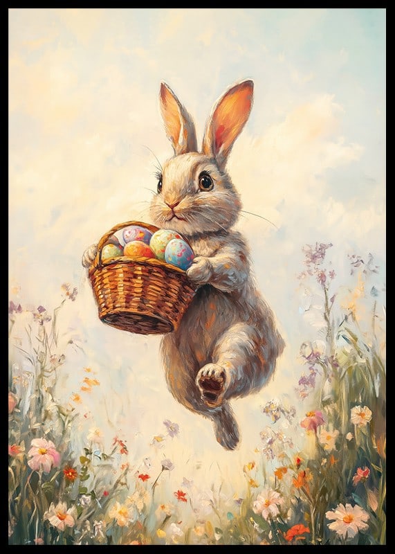 Illustrated rabbit with basket of Easter eggs in blooming spring meadow-12