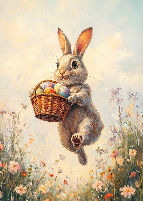 Illustrated rabbit with basket of Easter eggs in blooming spring meadow-12