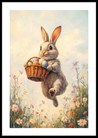 Illustrated rabbit with basket of Easter eggs in blooming spring meadow-0