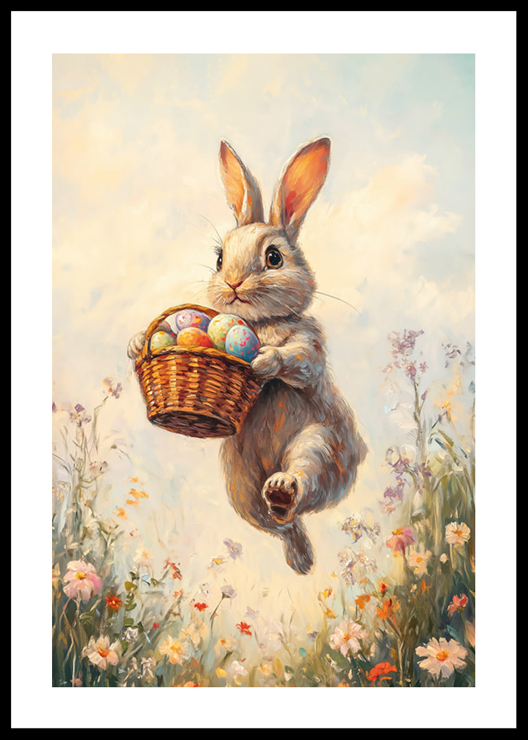 Illustrated rabbit with basket of Easter eggs in blooming spring meadow-12
