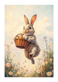 Illustrated rabbit with basket of Easter eggs in blooming spring meadow-1