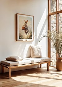 Illustrated rabbit with basket of Easter eggs in blooming spring meadow-8