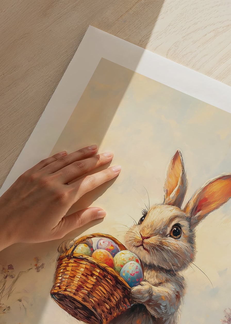 Illustrated rabbit with basket of Easter eggs in blooming spring meadow-12
