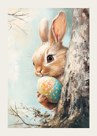 Illustrated brown rabbit with painted Easter eggs against light background-3