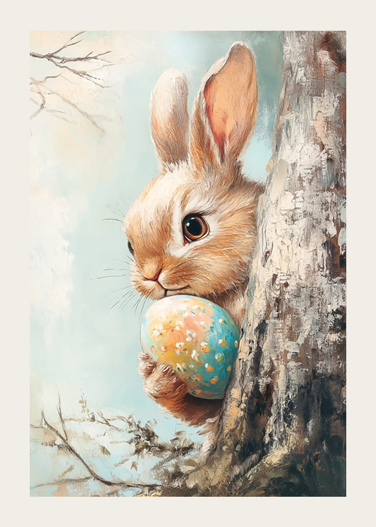 Illustrert brun kanin med malte påskeegg mot lys bakgrunn-12