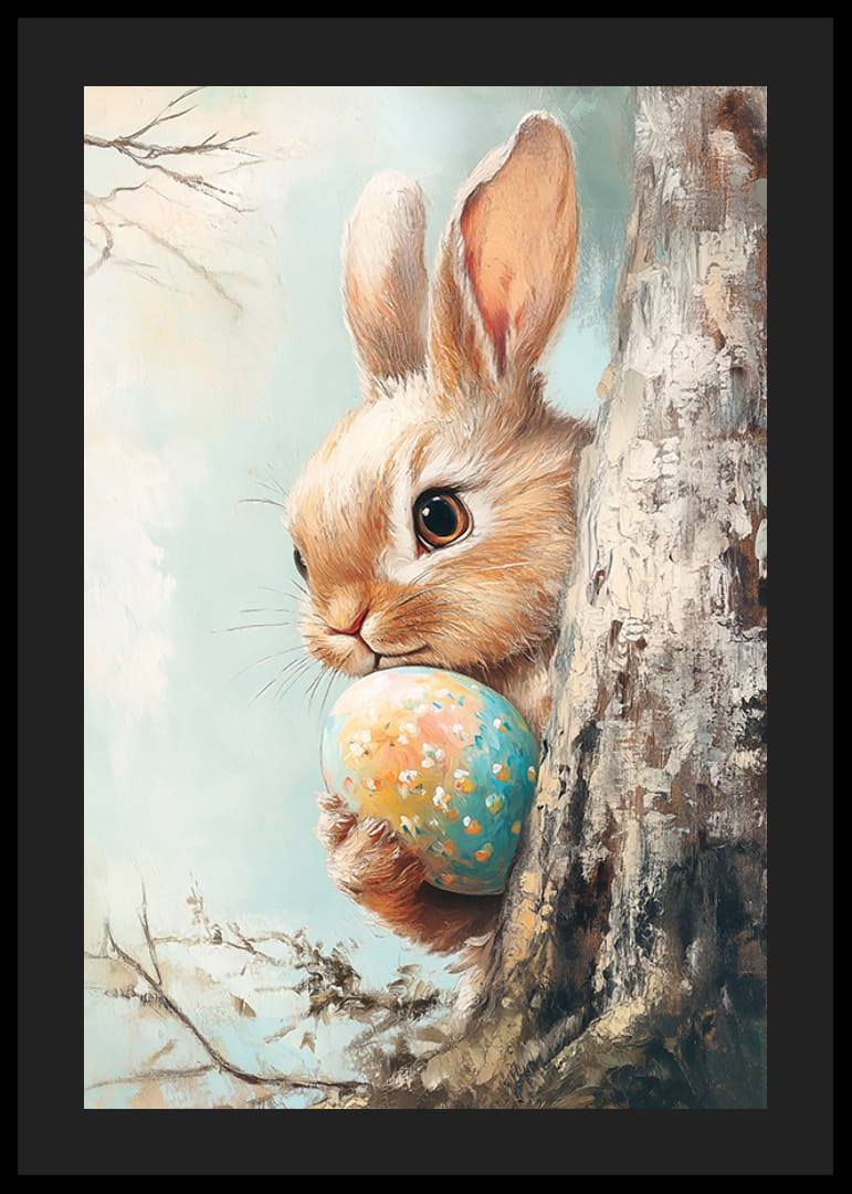 Illustrert brun kanin med malte påskeegg mot lys bakgrunn-12
