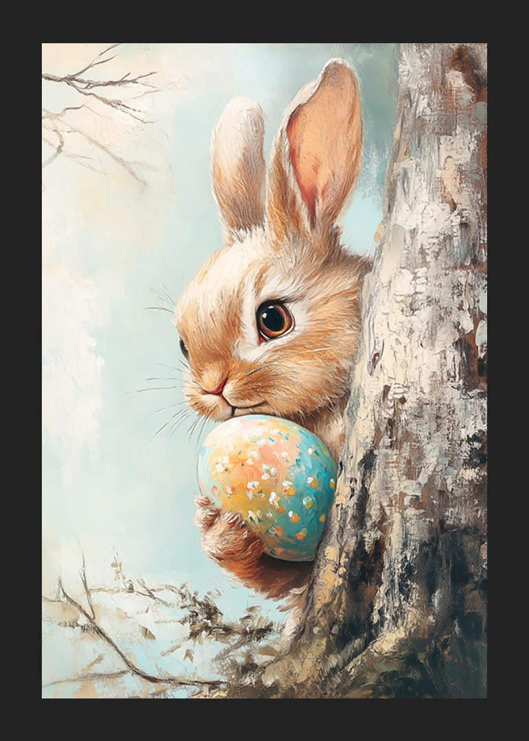 Illustrated brown rabbit with painted Easter eggs against light background-12