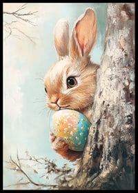 Illustrated brown rabbit with painted Easter eggs against light background-6
