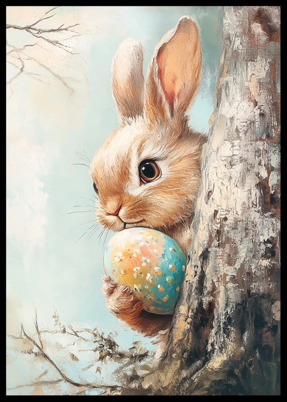 Illustrated brown rabbit with painted Easter eggs against light background-12