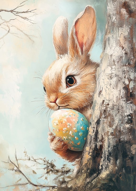 Illustrated brown rabbit with painted Easter eggs against light background-12