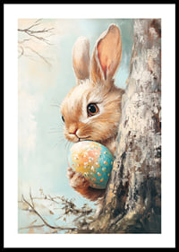 Illustrated brown rabbit with painted Easter eggs against light background-0