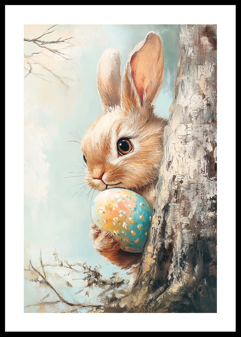 Illustrated brown rabbit with painted Easter eggs against light background-12