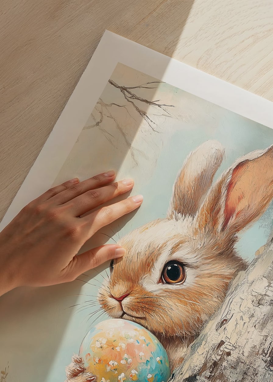 Illustrated brown rabbit with painted Easter eggs against light background-12
