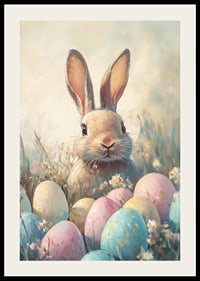 Illustrated rabbit among pastel colored Easter eggs and grass-2