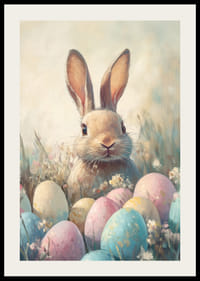 Coniglio illustrato tra uova di Pasqua color pastello ed erba-2