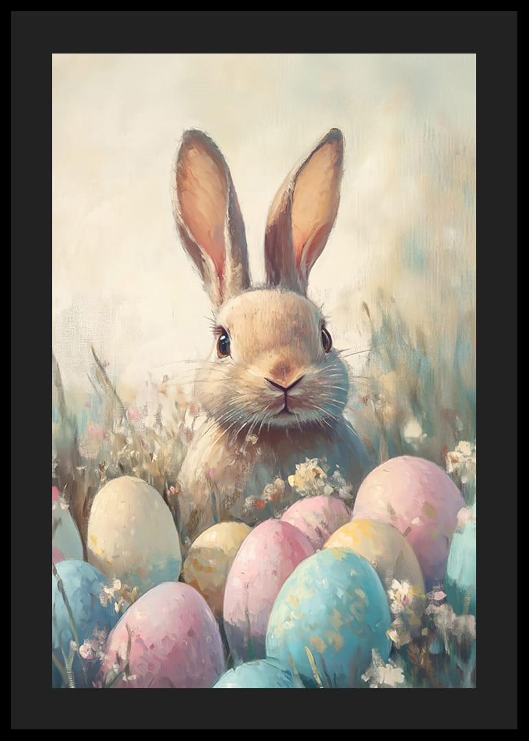 Coniglio illustrato tra uova di Pasqua color pastello ed erba-12
