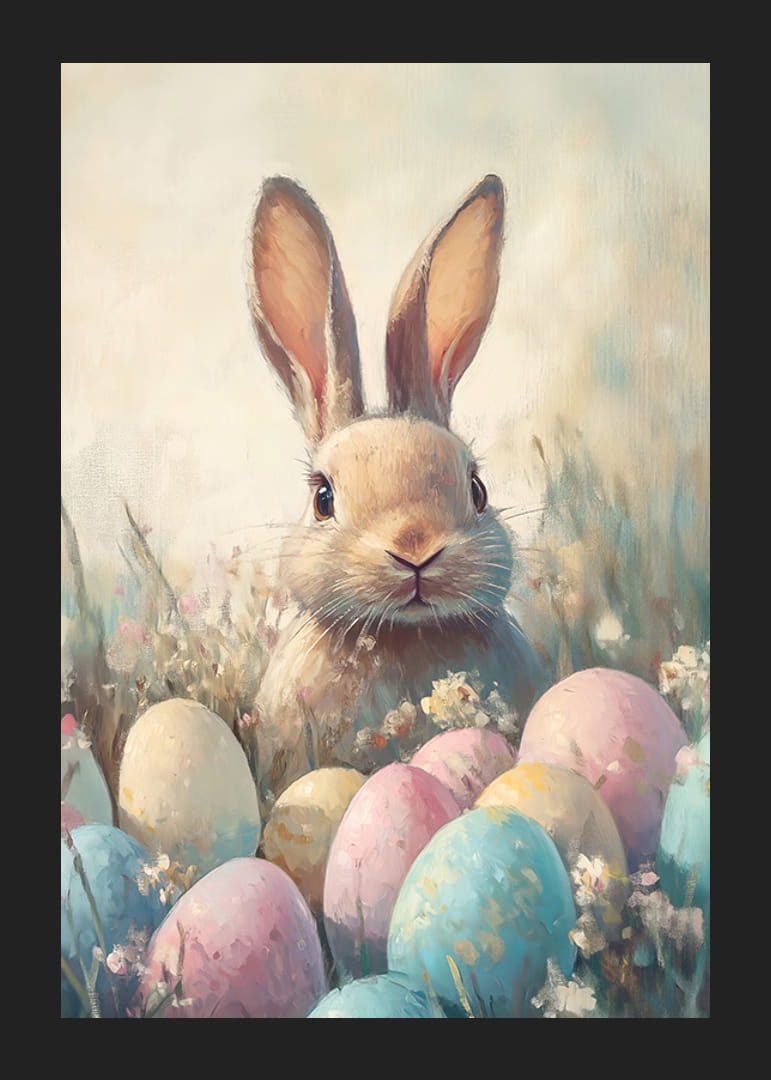 Coniglio illustrato tra uova di Pasqua color pastello ed erba-12