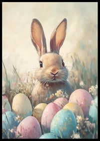 Illustrated rabbit among pastel colored Easter eggs and grass-6