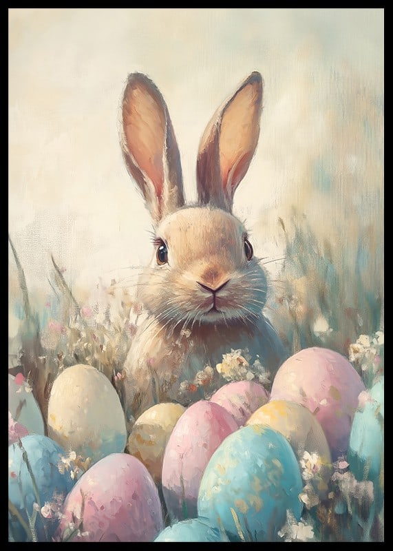 Illustrated rabbit among pastel colored Easter eggs and grass-12