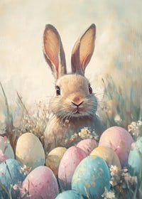 Illustrated rabbit among pastel colored Easter eggs and grass-7
