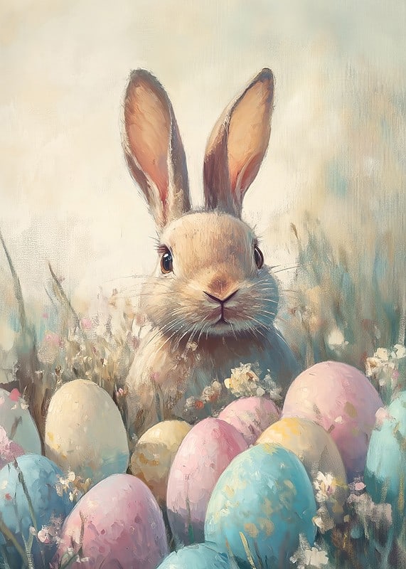 Illustrated rabbit among pastel colored Easter eggs and grass-12