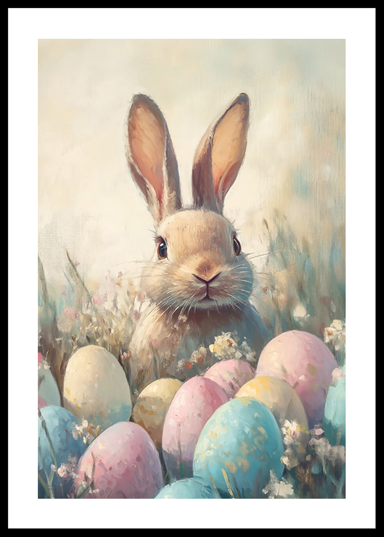 Illustrated rabbit among pastel colored Easter eggs and grass-12