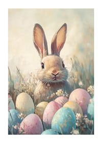 Illustrated rabbit among pastel colored Easter eggs and grass-1