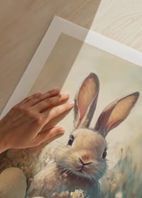 Illustrated rabbit among pastel colored Easter eggs and grass-9