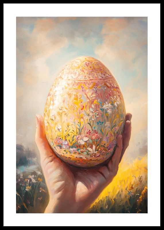 En poster med ett handmålat dekorativt ägg i blommönster, symboliserande vårens skönhet-12