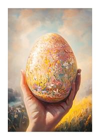 En poster med ett handmålat dekorativt ägg i blommönster, symboliserande vårens skönhet-1