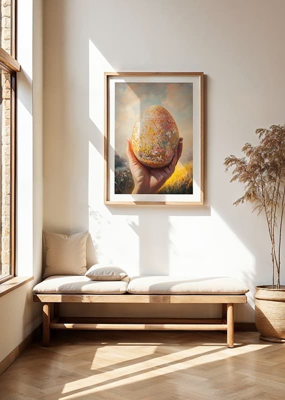 En poster med ett handmålat dekorativt ägg i blommönster, symboliserande vårens skönhet-12