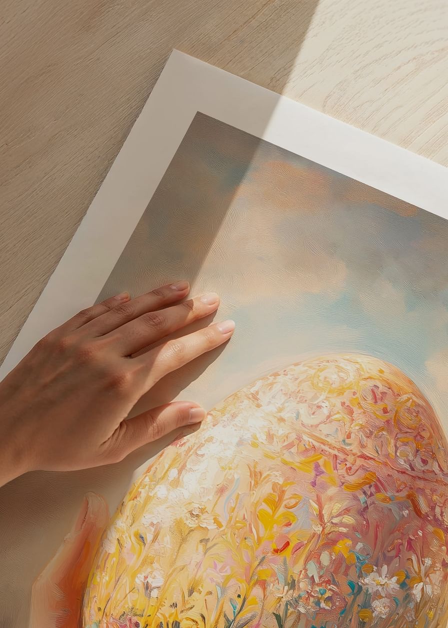 En poster med ett handmålat dekorativt ägg i blommönster, symboliserande vårens skönhet-12