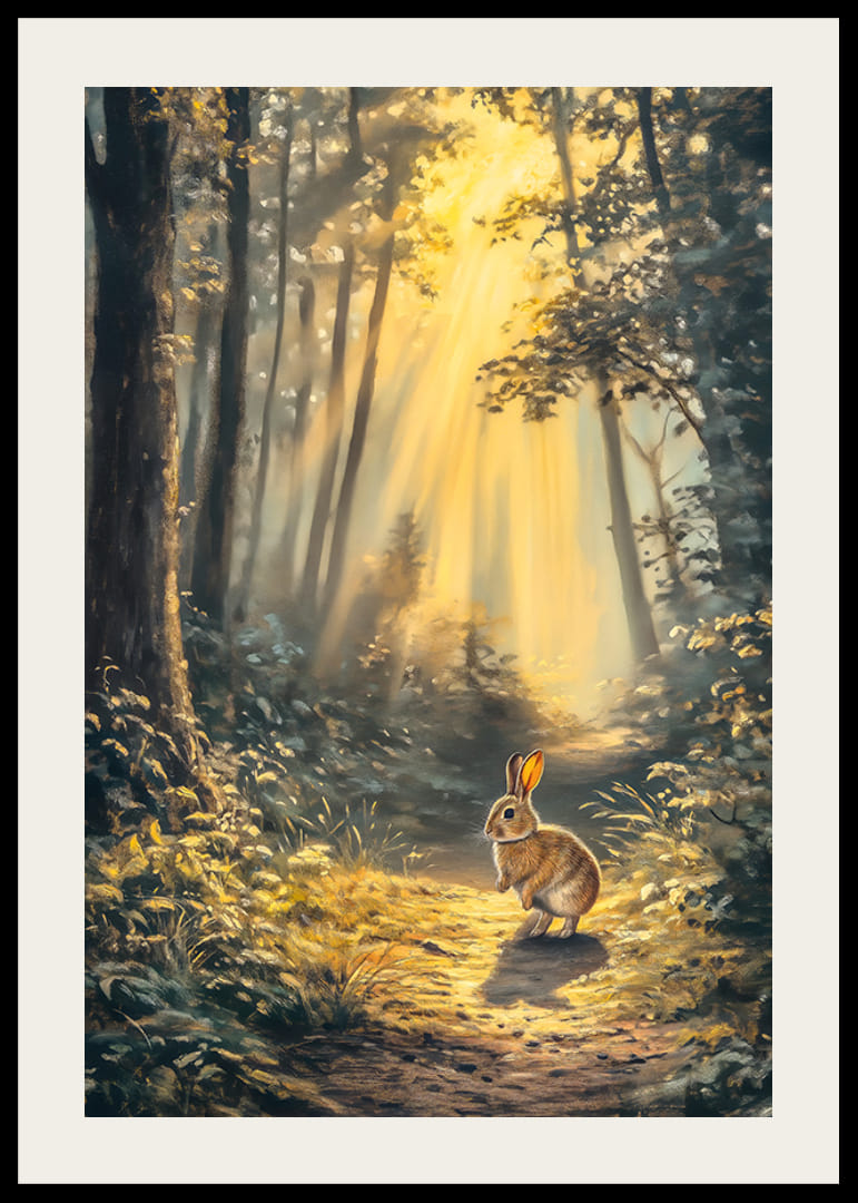 Ilustrowany królik w oświetlonym słońcem lesie w delikatnych złotych kolorach-12