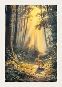 Ilustrowany królik w oświetlonym słońcem lesie w delikatnych złotych kolorach-3