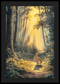 Ilustrowany królik w oświetlonym słońcem lesie w delikatnych złotych kolorach-4