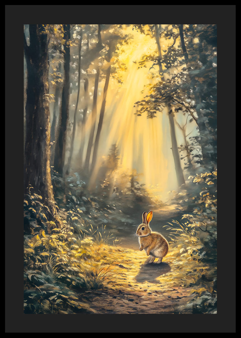 Ilustrowany królik w oświetlonym słońcem lesie w delikatnych złotych kolorach-12