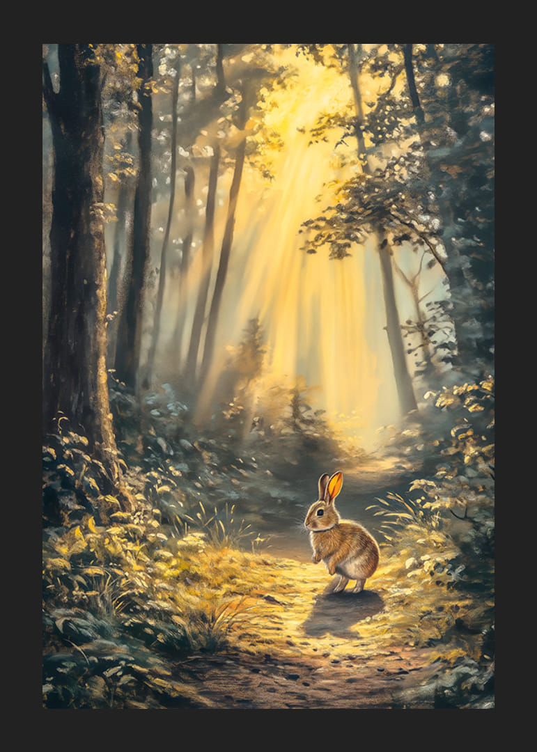 Ilustrowany królik w oświetlonym słońcem lesie w delikatnych złotych kolorach-12
