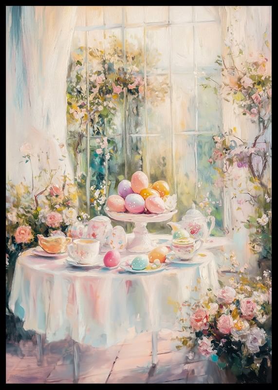 En plakat med et solbelyst påskebord dekorert med pastellfargede egg og blomster-12