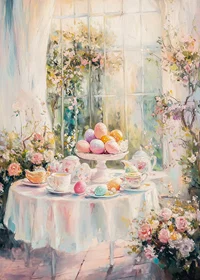 Oil painted Easter table arrangement with colorful eggs and flowers-7